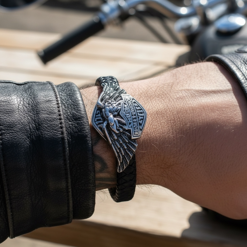 Pulsera de Piel y Acero Estilo Motero – Espíritu Rebelde con ADN Legendario