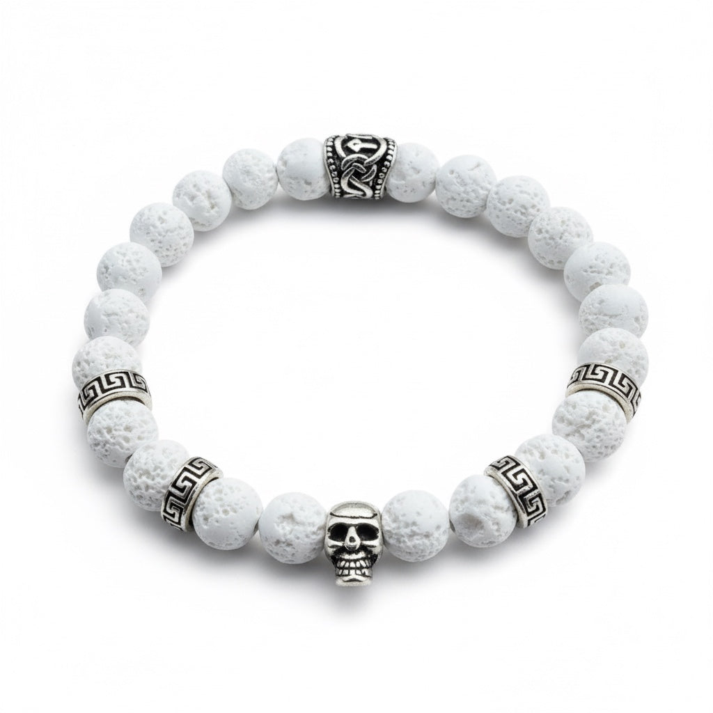 Pulsera de Lava Volcánica Blanca con Calavera – Energía y Estilo en Cada Detalle