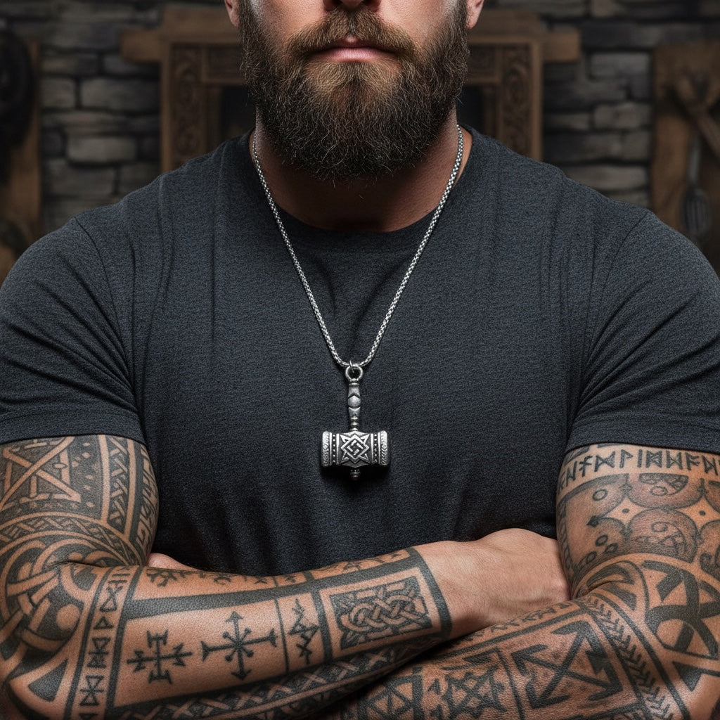 Collar Vikingo Martillo de Thor Mjölnir de Acero | Colgante Nórdico
