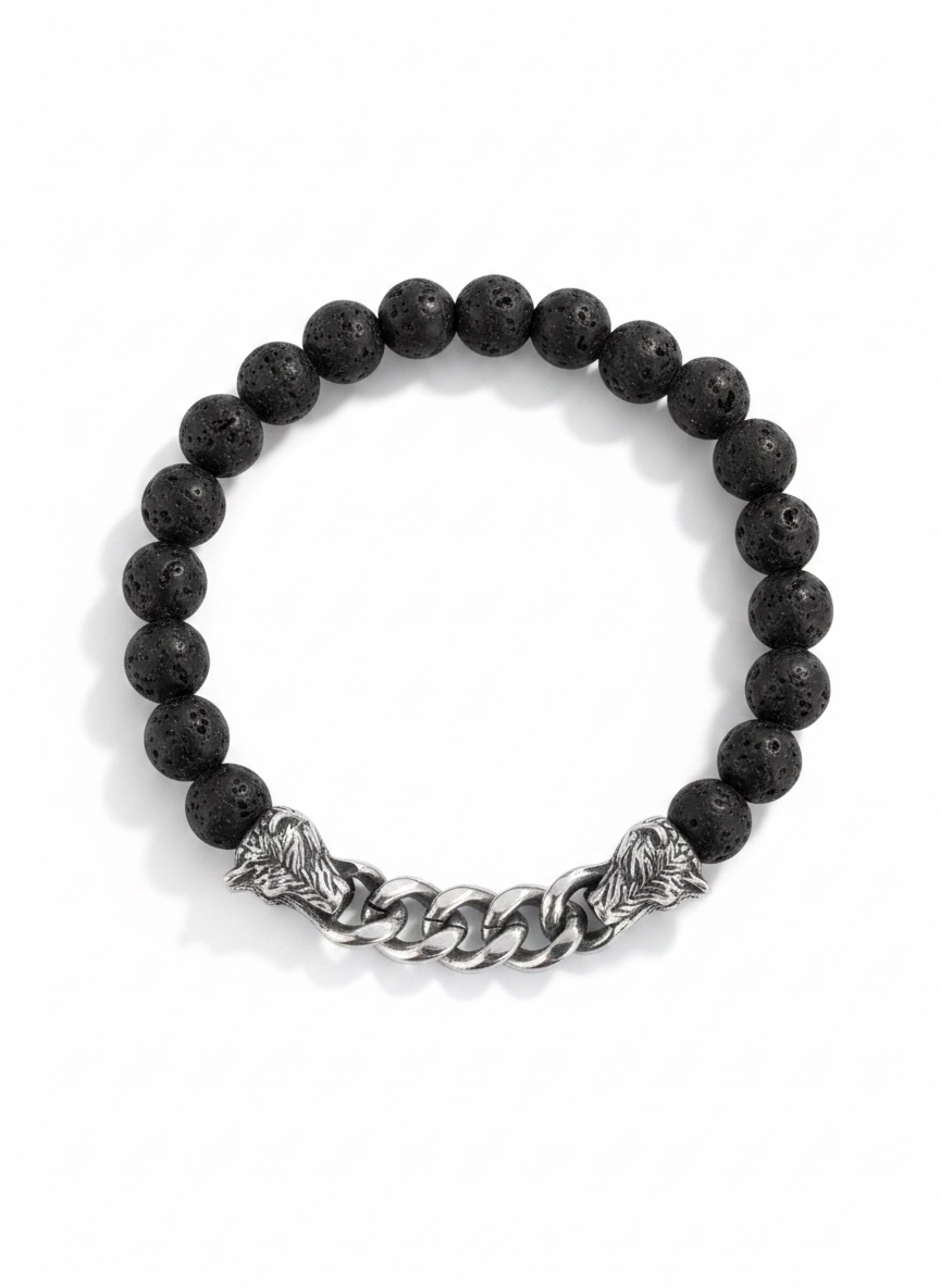 Pulsera Vikinga de Piedra Volcánica y Acero – Espíritu del Lobo