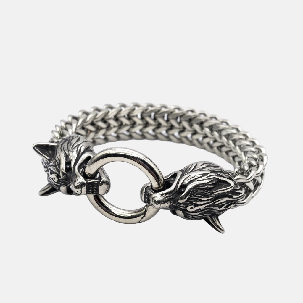 Pulsera Vikinga de Acero Inoxidable con Cabezas de Lobo – Fuerza y Espíritu Nórdico