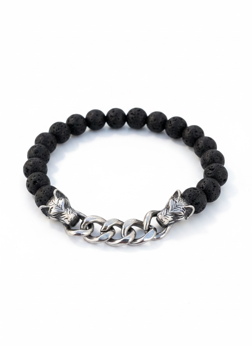 Pulsera Vikinga de Piedra Volcánica y Acero – Espíritu del Lobo