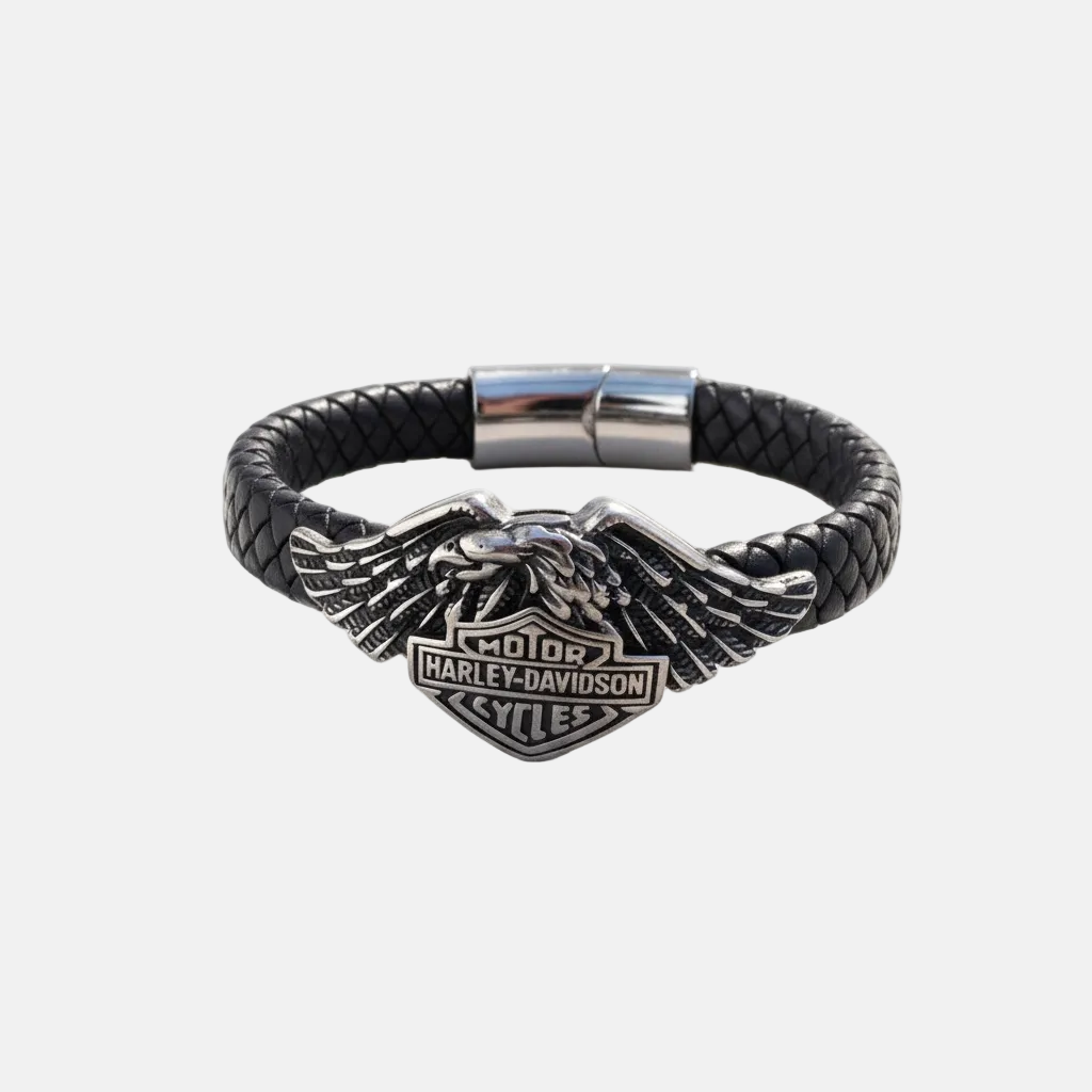 Pulsera de Piel y Acero Estilo Motero – Espíritu Rebelde con ADN Legendario