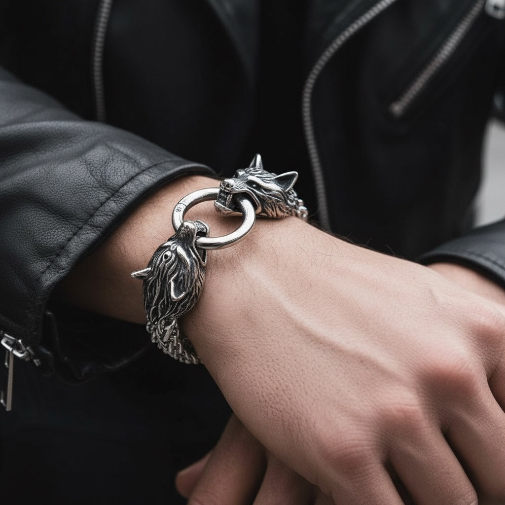 Pulsera Vikinga de Acero Inoxidable con Cabezas de Lobo – Fuerza y Espíritu Nórdico