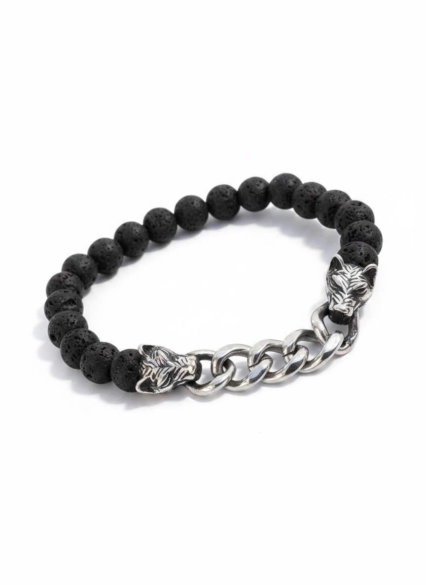 Pulsera Vikinga de Piedra Volcánica y Acero – Espíritu del Lobo
