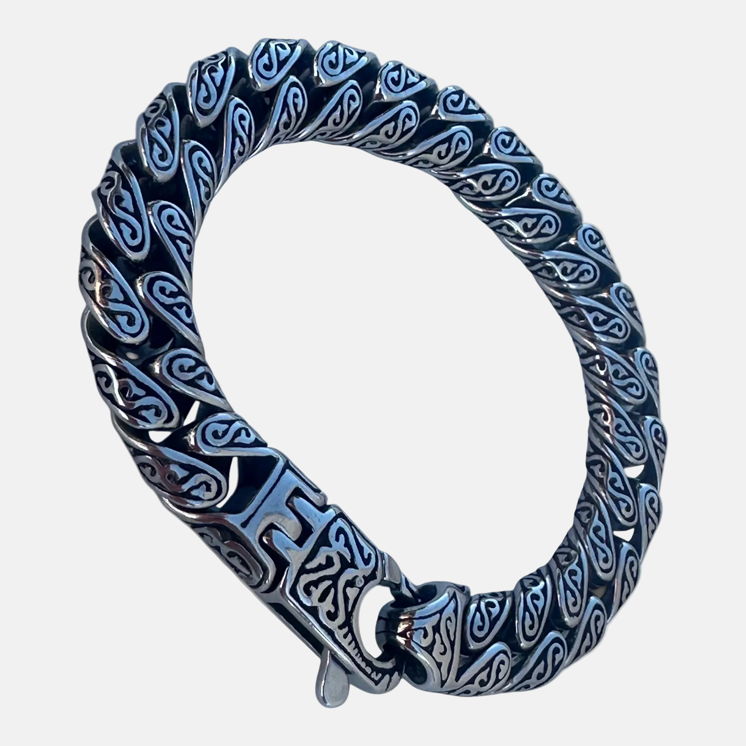 Pulsera de Acero con Eslabones Cubanos Grabados de 12 mm