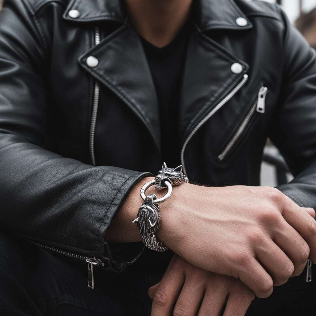 Pulsera Vikinga de Acero Inoxidable con Cabezas de Lobo – Fuerza y Espíritu Nórdico
