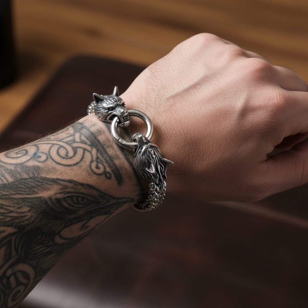 Pulsera Vikinga de Acero Inoxidable con Cabezas de Lobo – Fuerza y Espíritu Nórdico