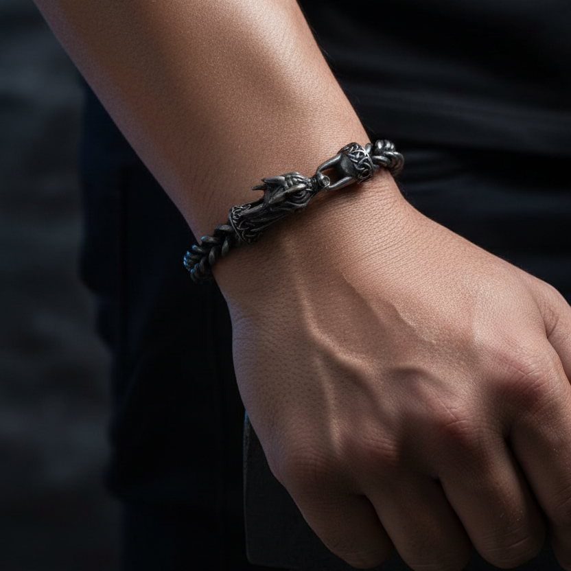 Pulsera Vikinga  Diseño Nórdico con Cabeza de Dragón