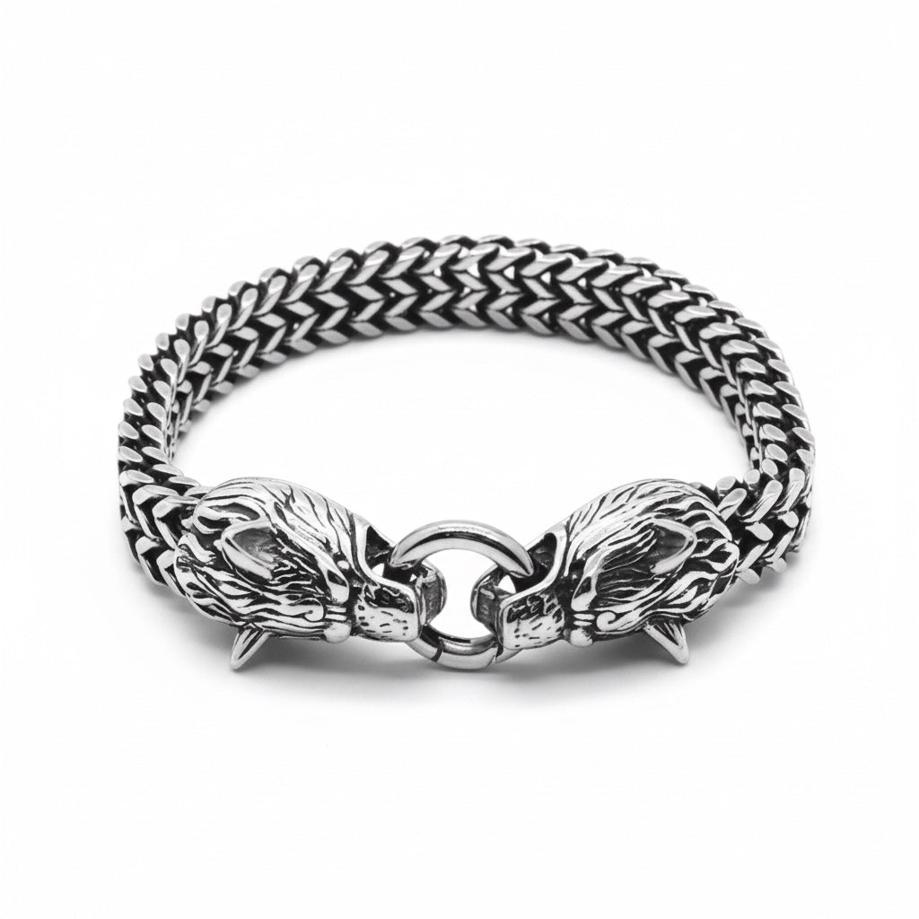 Pulsera Vikinga de Acero Inoxidable con Cabezas de Lobo – Fuerza y Espíritu Nórdico