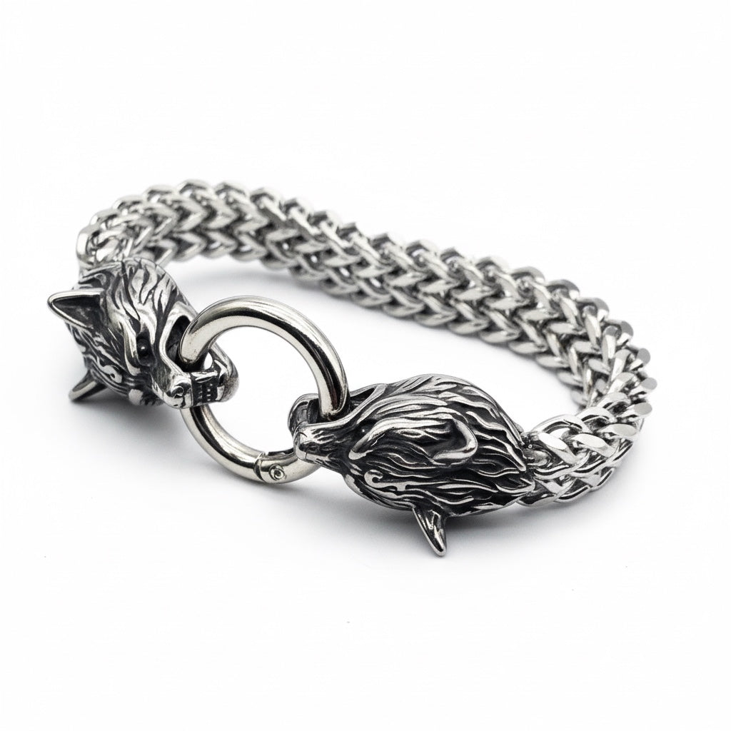 Pulsera Vikinga de Acero Inoxidable con Cabezas de Lobo – Fuerza y Espíritu Nórdico