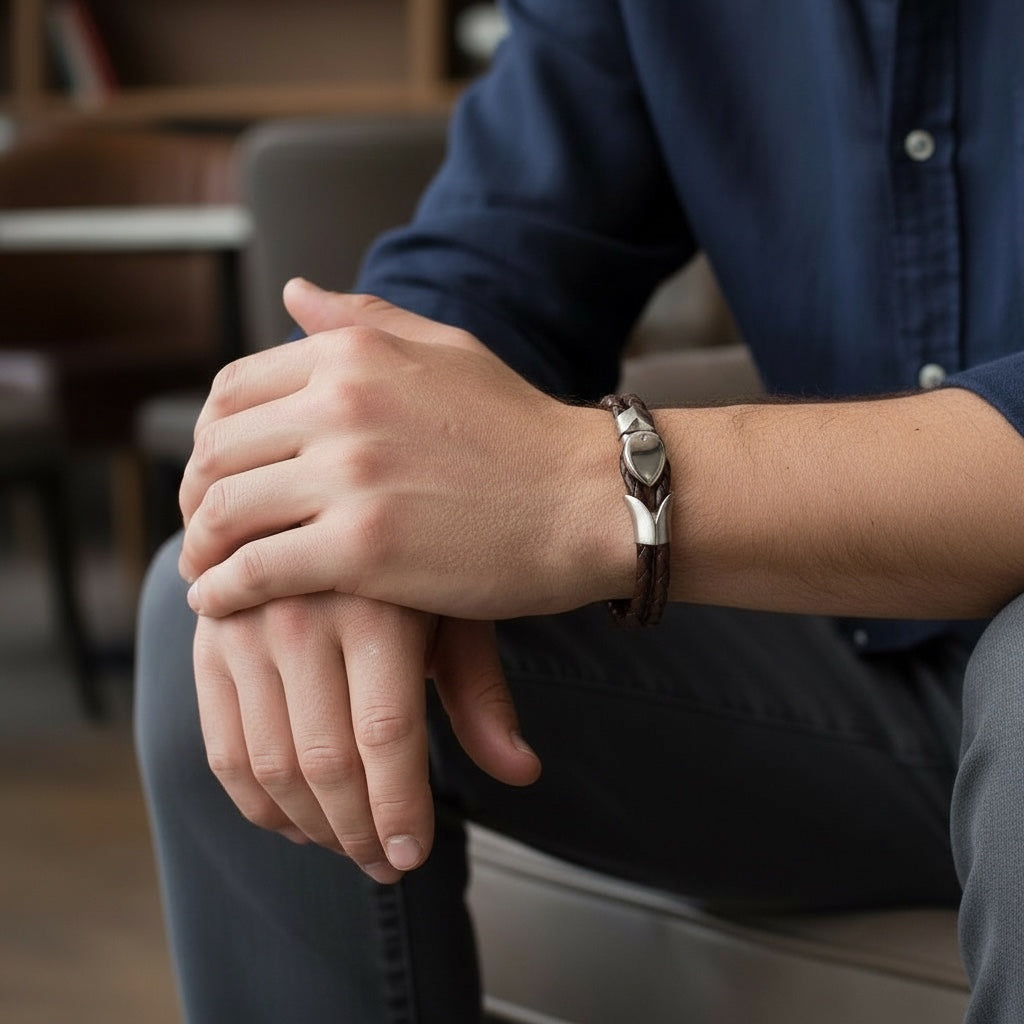 Pulsera de Piel y Acero – Estilo Moderno y Elegante