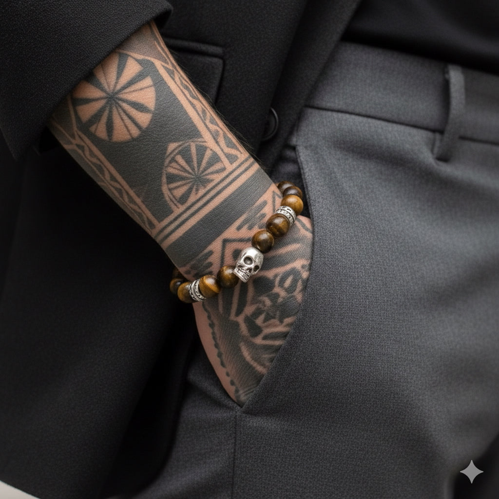 Pulsera de Ojo de Tigre con Calavera — Energía, Protección y Estilo Rebelde