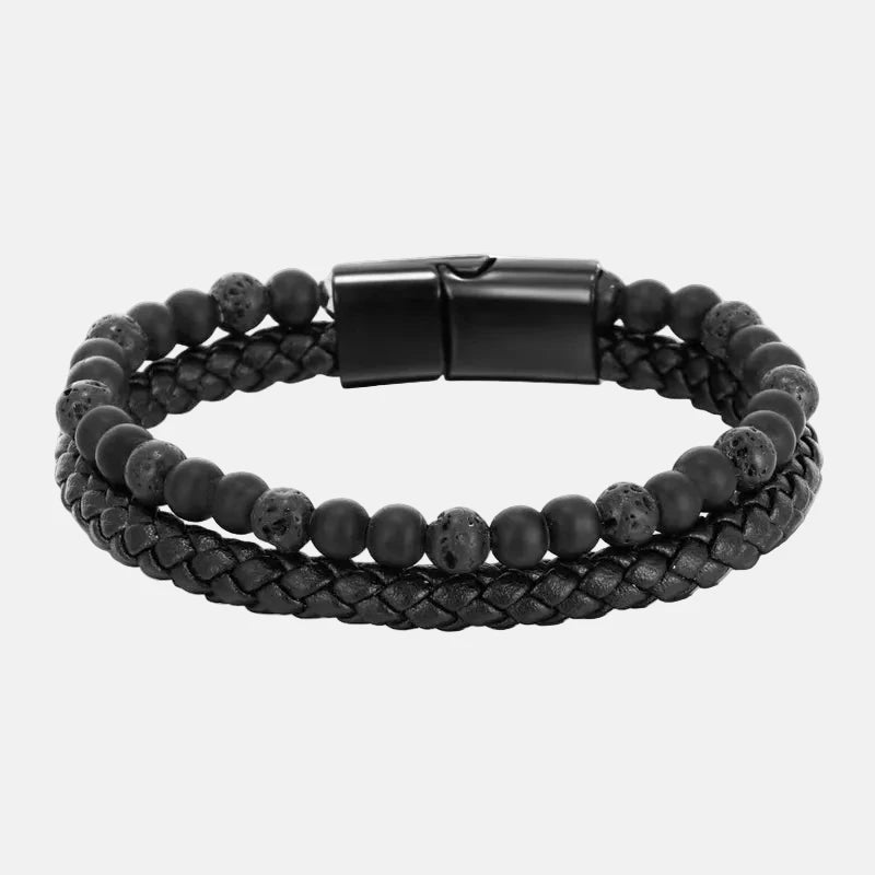Pulsera de Piel y Lava Volcánica – Estilo Moderno y Elegant