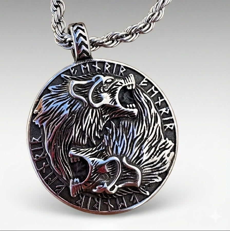 Collar Vikingo de Acero con Lobos y Runas Nórdicas