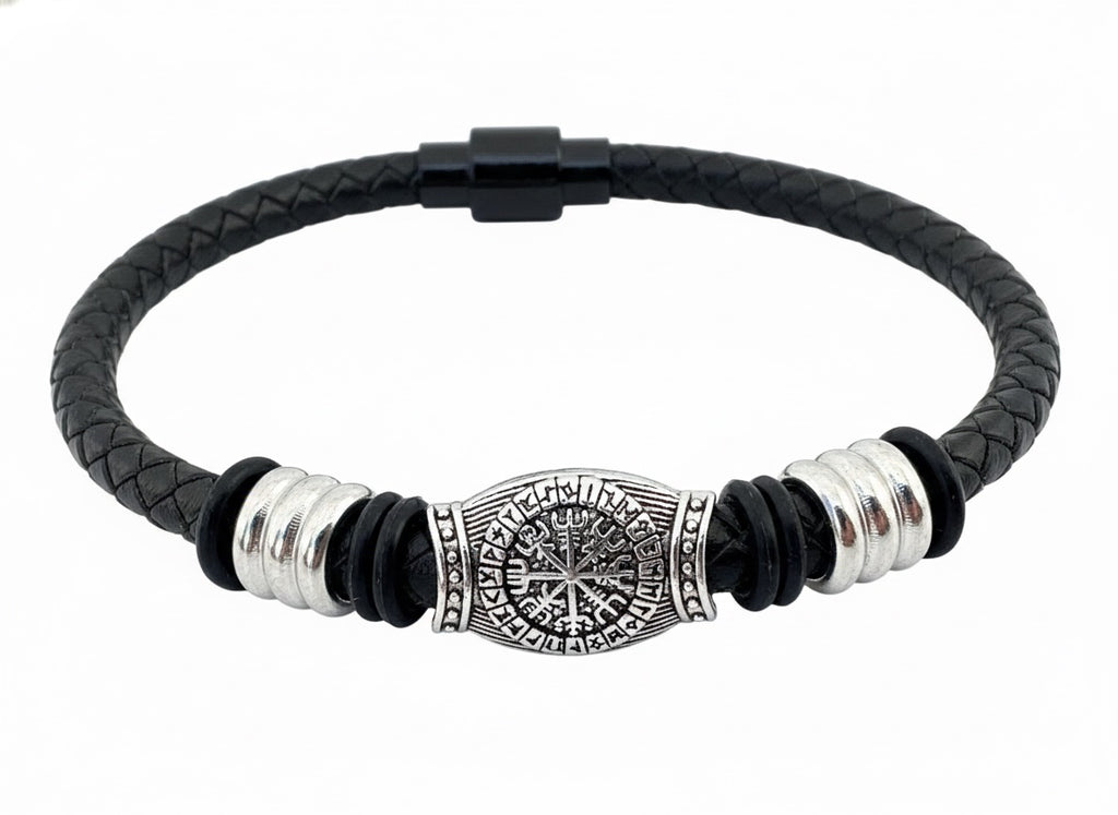 Pulsera Vikinga Negra – Símbolo de la Brújula Nórdica Vegvísir