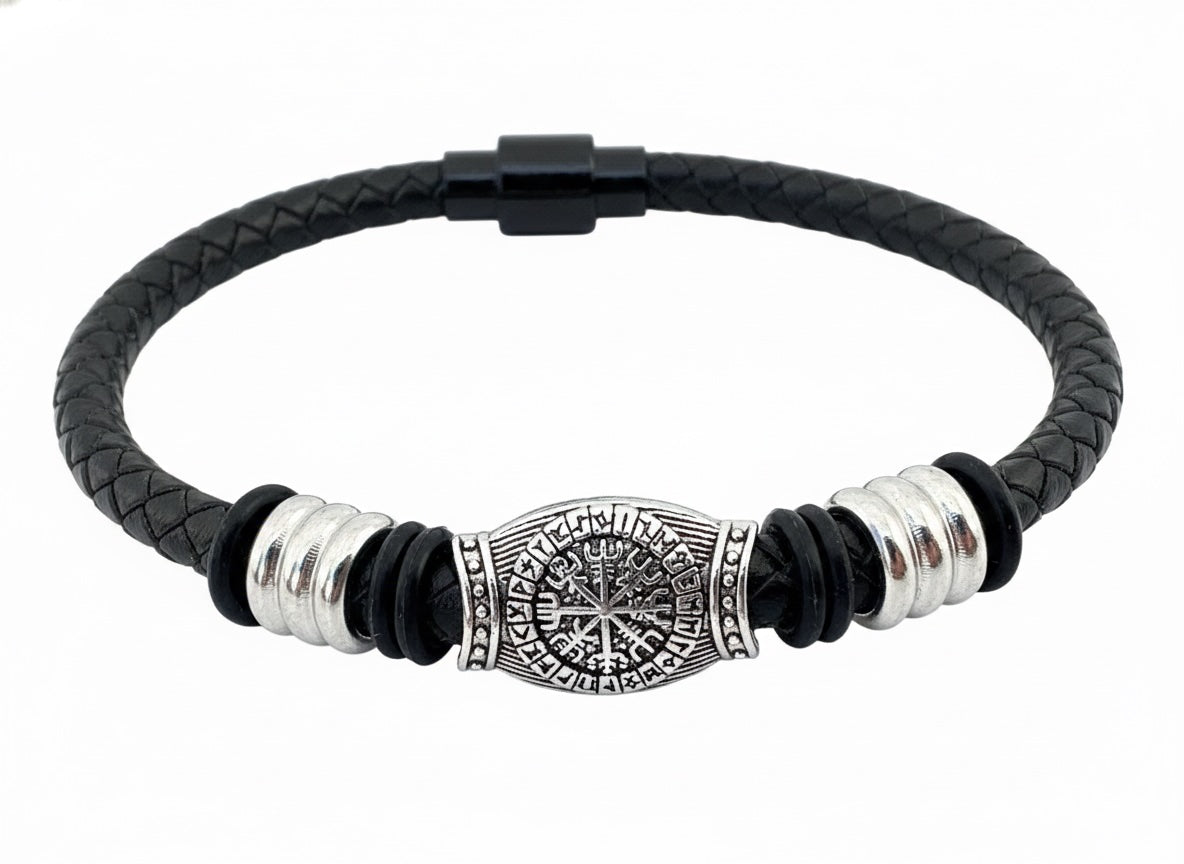 Pulsera Vikinga Negra – Símbolo de la Brújula Nórdica Vegvísir