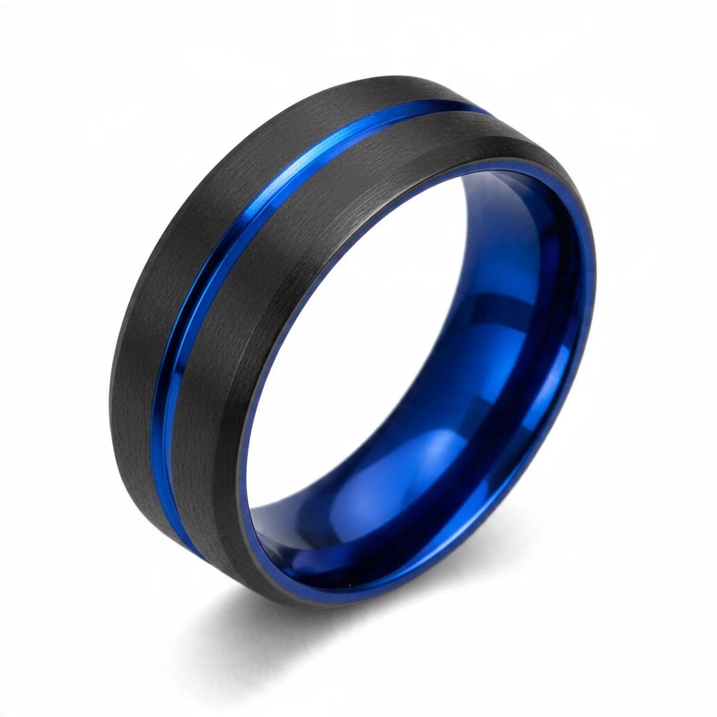 Anillo de acero negro con detalles azules – Estilo moderno, elegante y actual