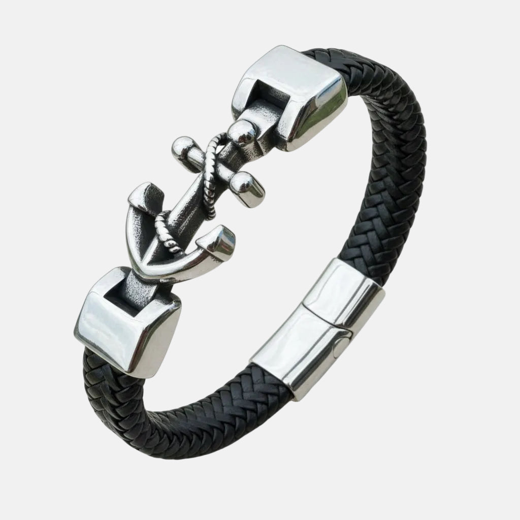 Pulsera de Piel y Acero con Ancla – Estilo Marino Elegante