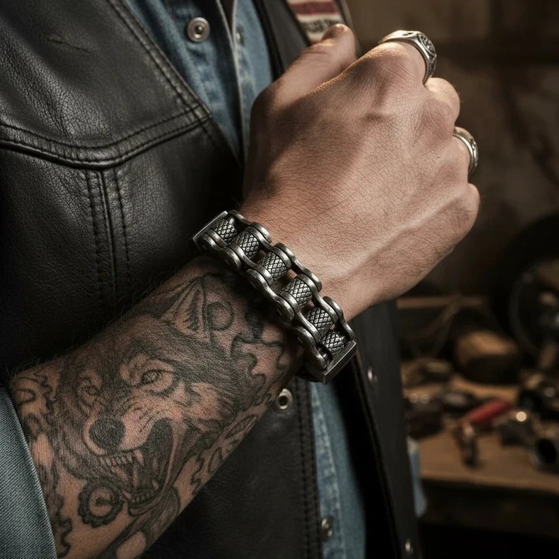 Pulsera de Piel y Acero Estilo Motero