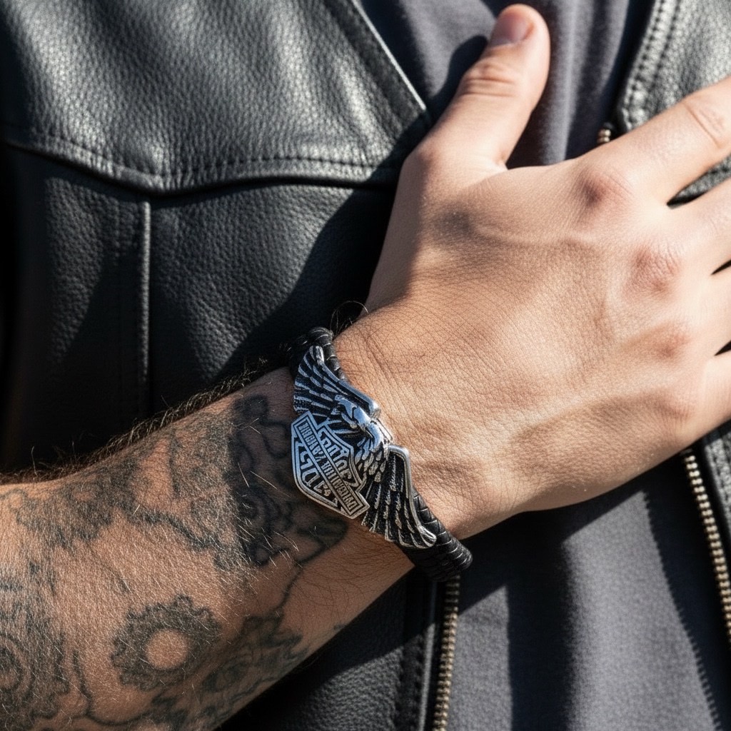 Pulsera de Piel y Acero Estilo Motero – Espíritu Rebelde con ADN Legendario