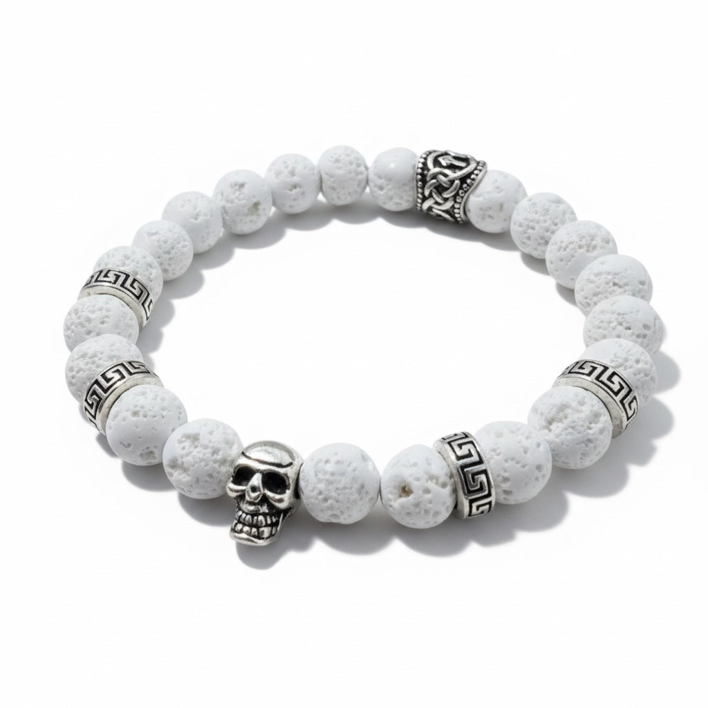 Pulsera de Lava Volcánica Blanca con Calavera – Energía y Estilo en Cada Detalle