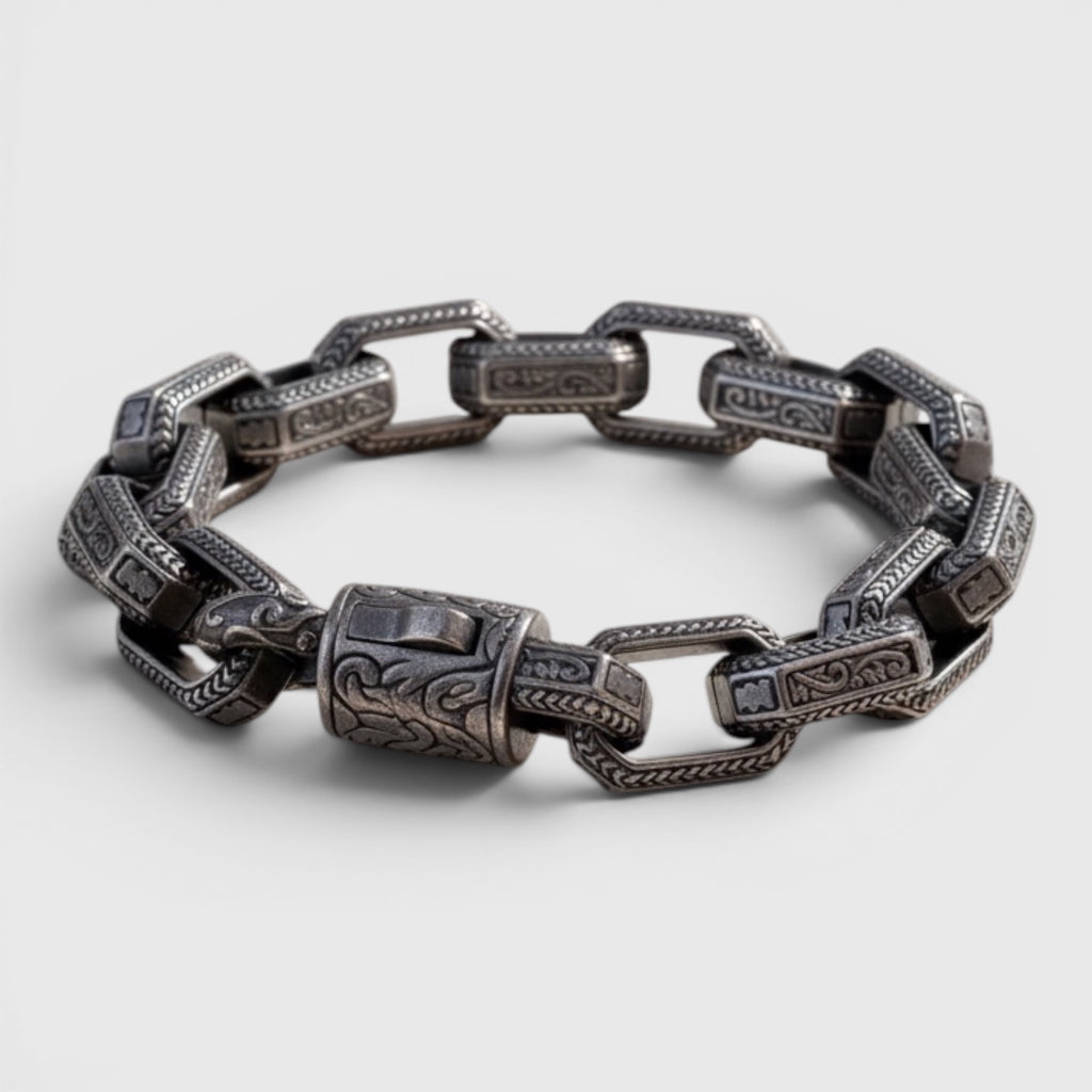 Pulsera de Acero Inspirada en Cadena Vikinga con Grabados Tribales Nórdicos