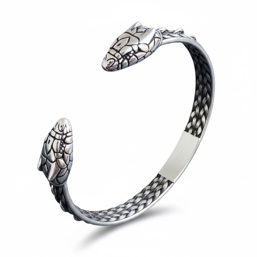 Pulsera Vikinga de Acero con Cabezas de Serpiente y Brújula Nórdica