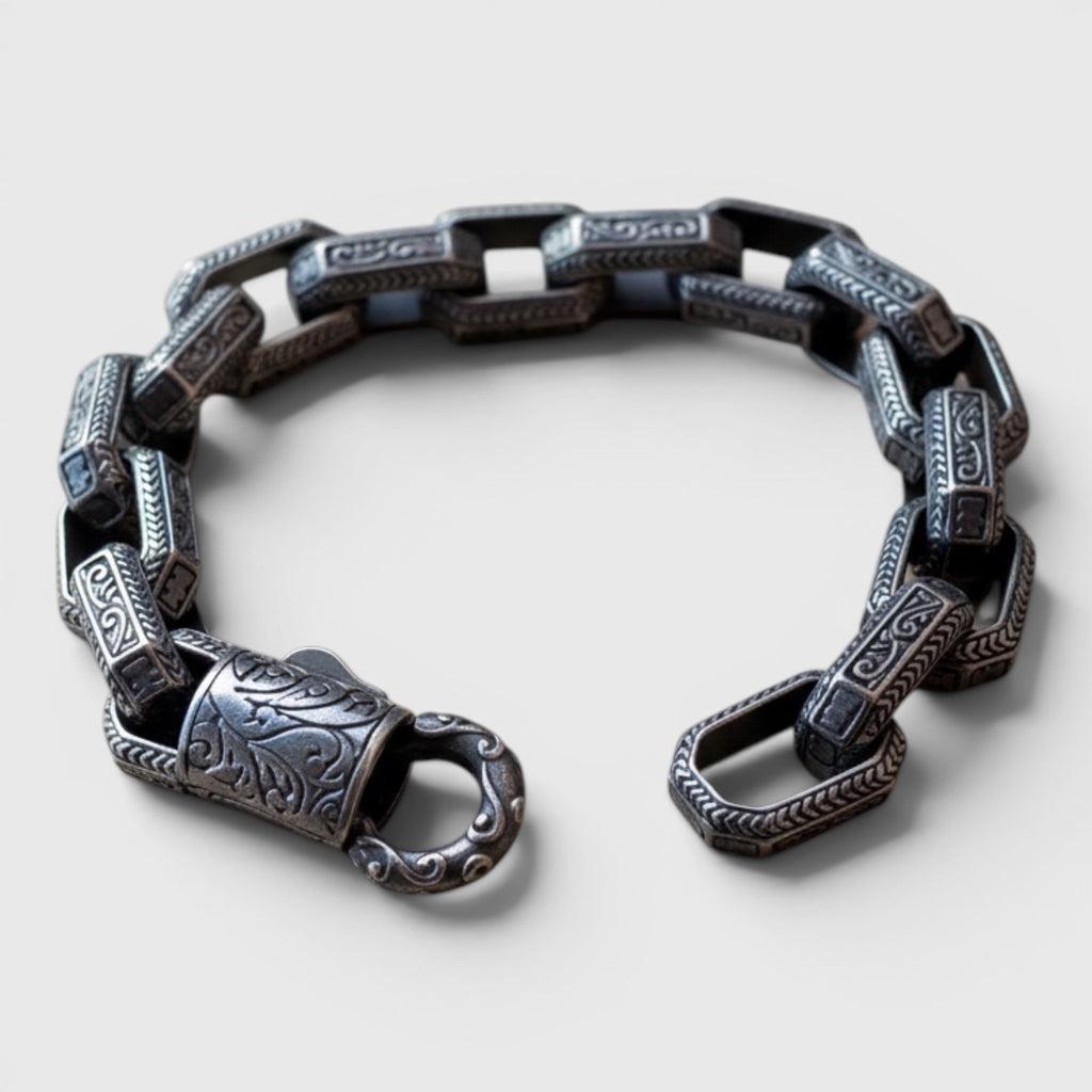 Pulsera de Acero Inspirada en Cadena Vikinga con Grabados Tribales Nórdicos