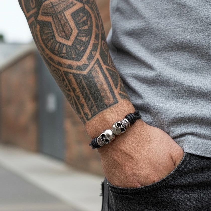 Pulsera Urbana de Cuero Trenzado y Acero Inoxidable con Calaveras