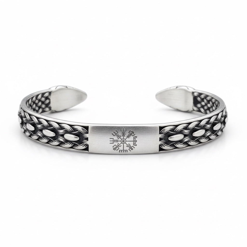 Pulsera Vikinga de Acero con Cabezas de Serpiente y Brújula Nórdica