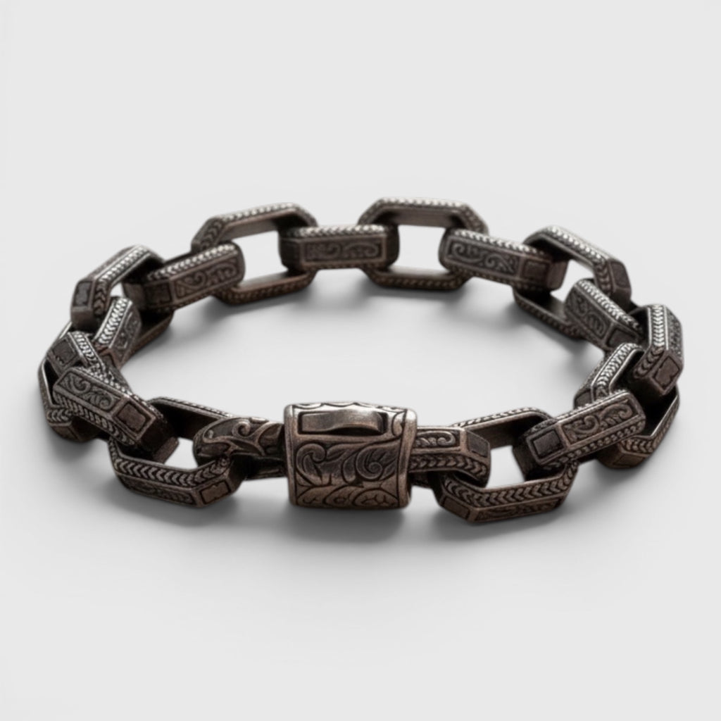 Pulsera de Acero Inspirada en Cadena Vikinga con Grabados Tribales Nórdicos