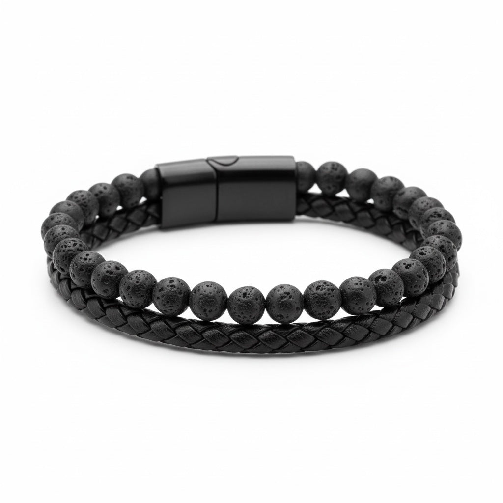 Pulsera de Piel y Lava Volcánica – Estilo Moderno y Elegant