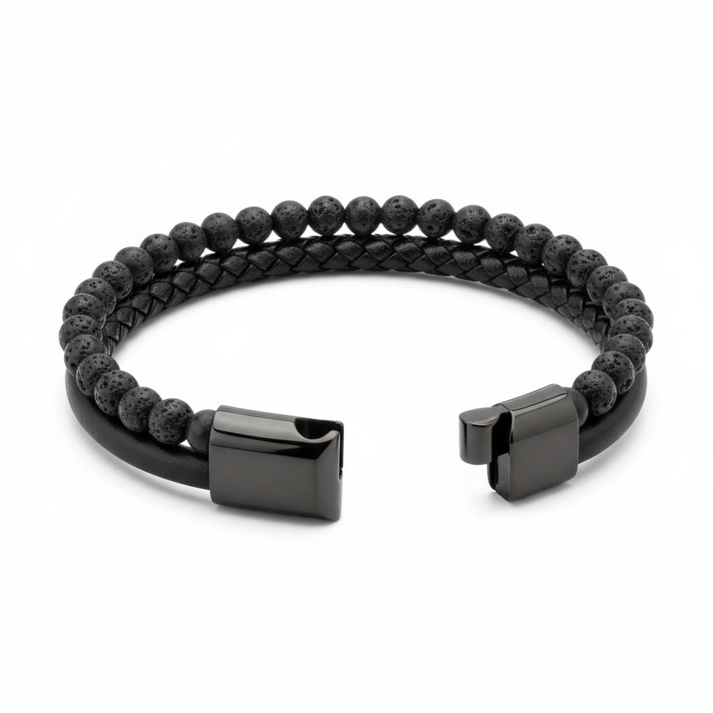 Pulsera de Piel y Lava Volcánica – Estilo Moderno y Elegant