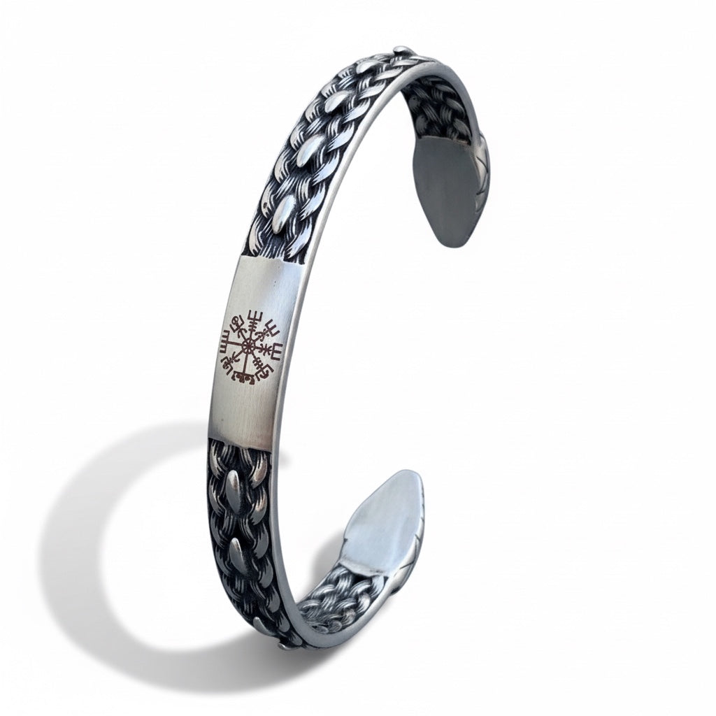 Pulsera Vikinga de Acero con Cabezas de Serpiente y Brújula Nórdica