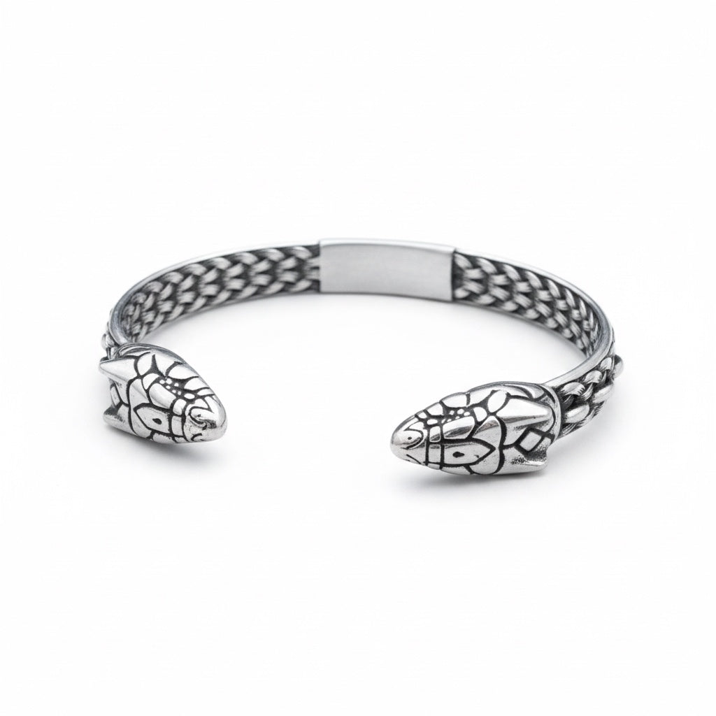 Pulsera Vikinga de Acero con Cabezas de Serpiente y Brújula Nórdica