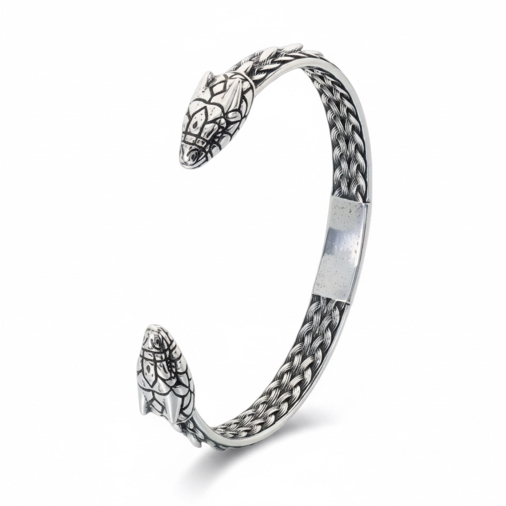 Pulsera Vikinga de Acero con Cabezas de Serpiente y Brújula Nórdica