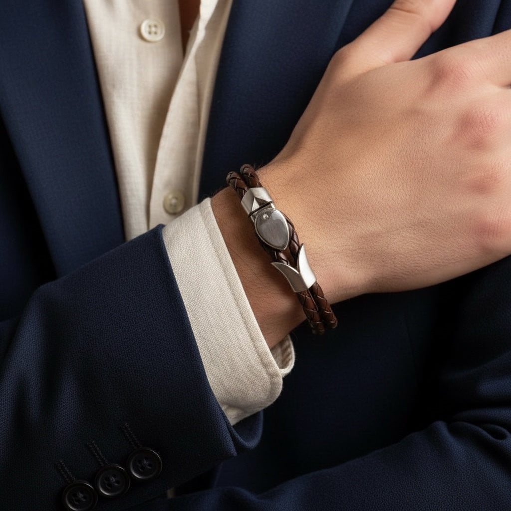 Pulsera de Piel y Acero – Estilo Moderno y Elegante