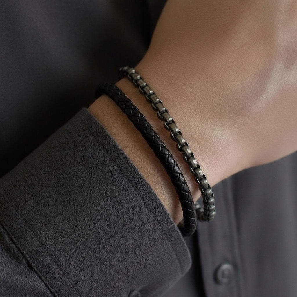 Pulsera 2 en 1 de Piel y Acero – Elegancia Moderna