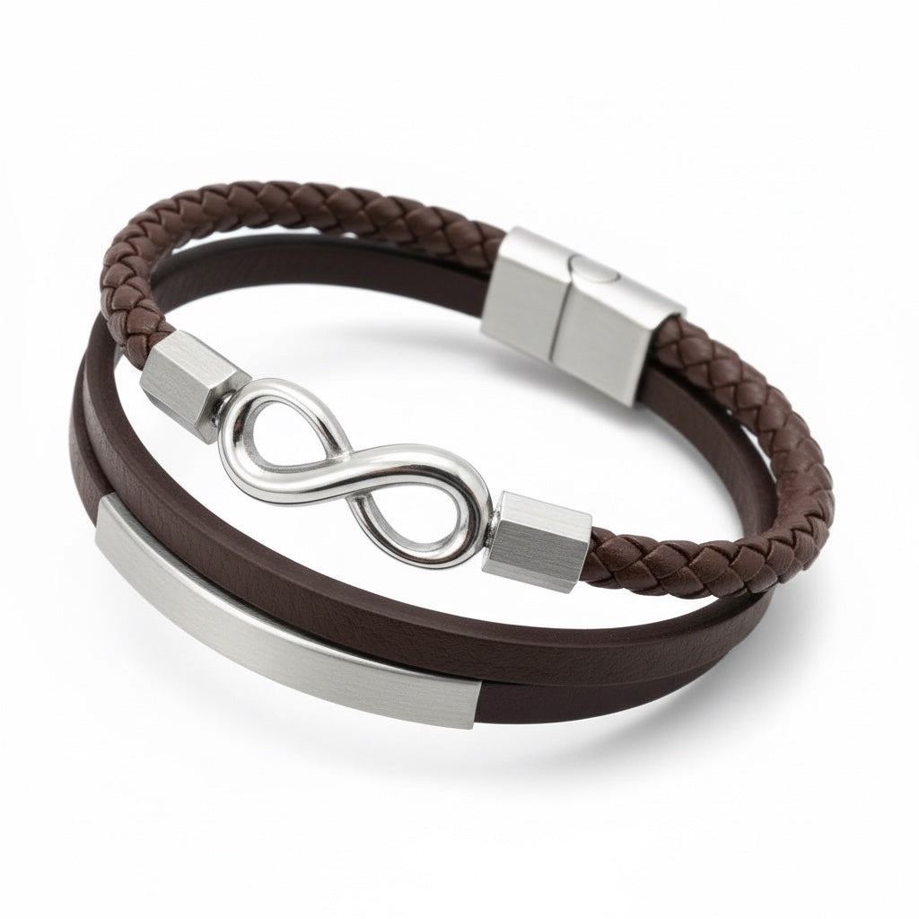 Pulsera de Piel y Acero con Símbolo del Infinito: Moderna y Elegante
