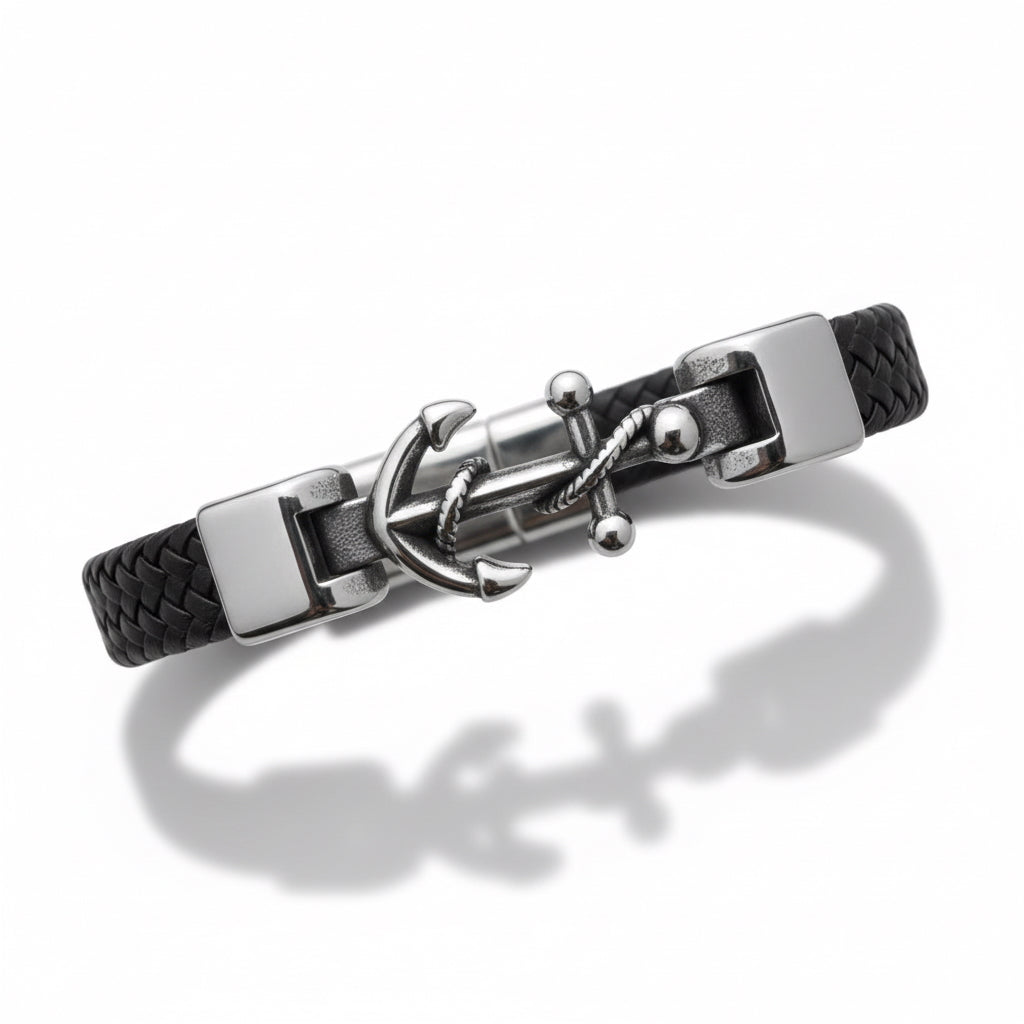 Pulsera de Piel y Acero con Ancla – Estilo Marino Elegante