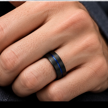 Anillo de acero negro con detalles azules – Estilo moderno, elegante y actual