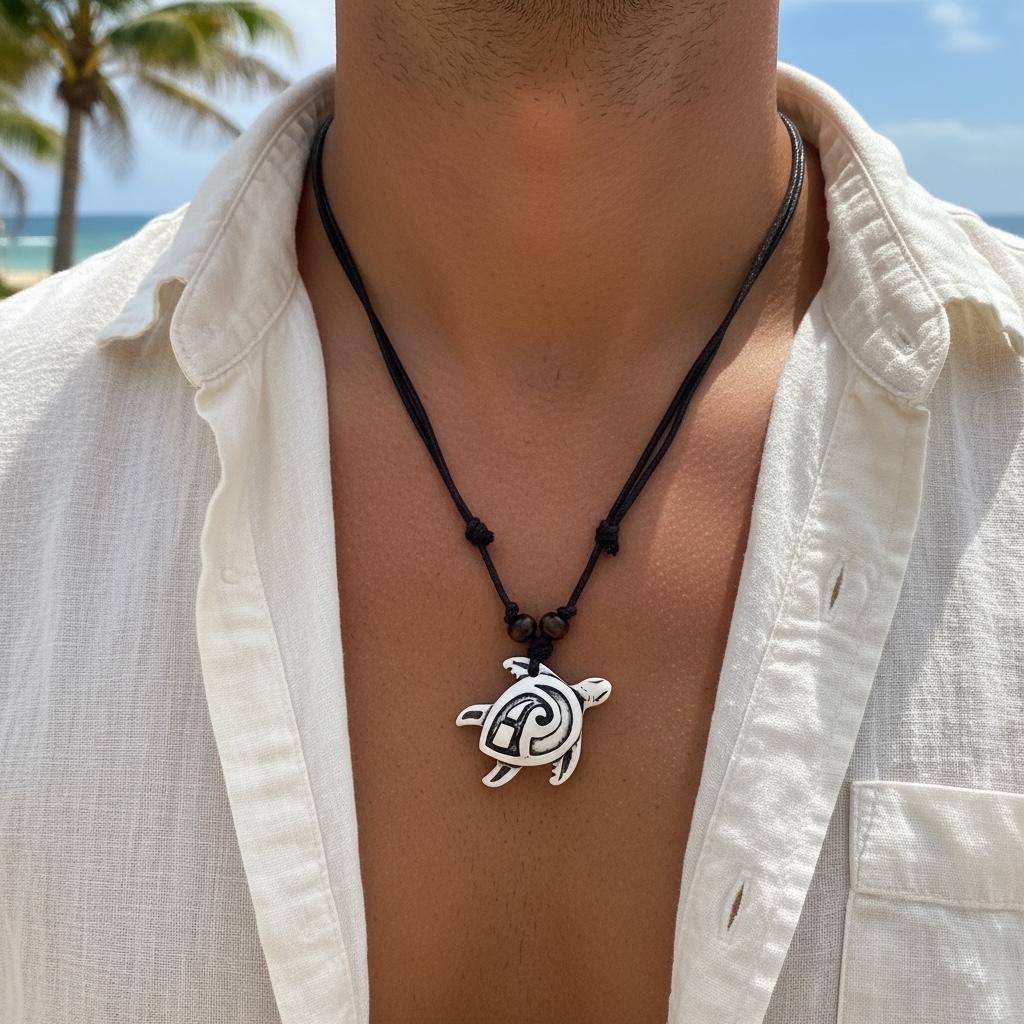 Collar Hawaiano con Tortuga Tribal Blanca