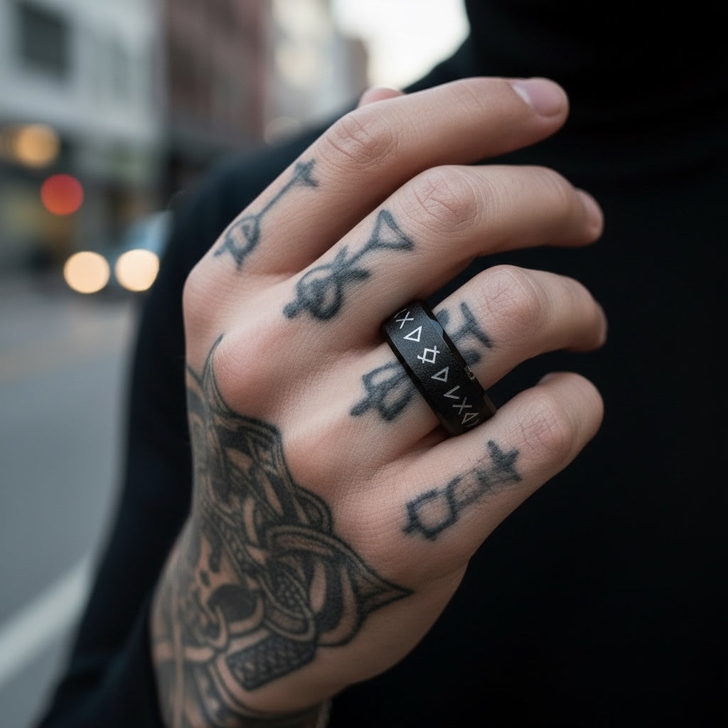 Anillo Vikingo de Acero de Titanio con Runas Grabadas