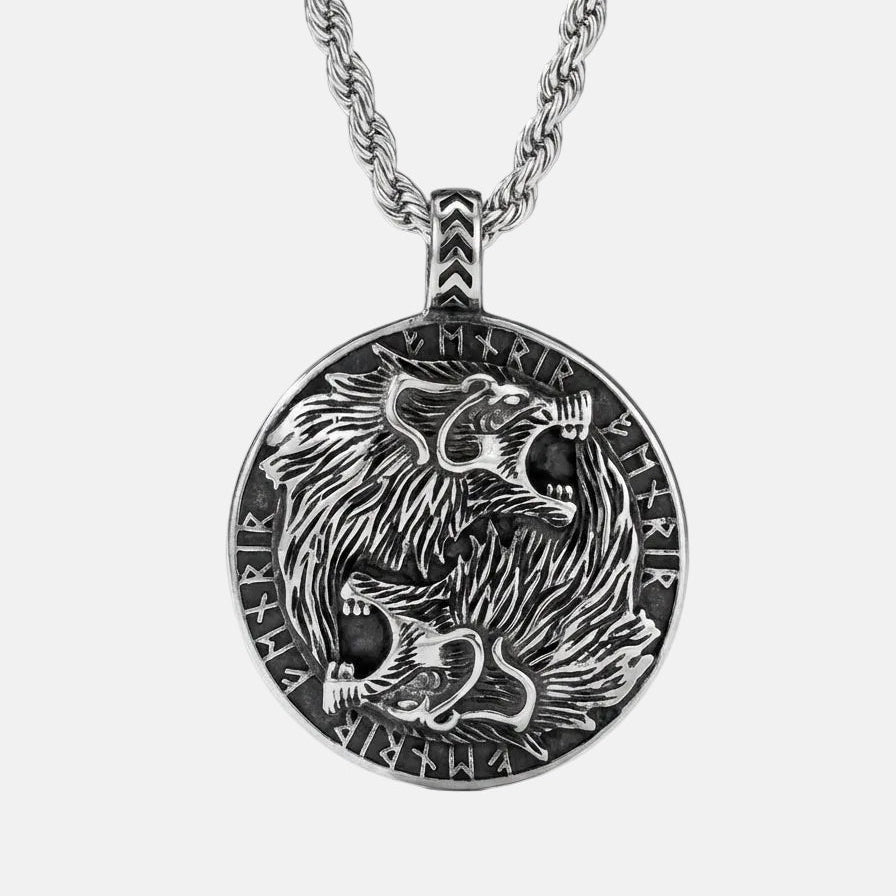 Collar Vikingo de Acero con Lobos y Runas Nórdicas