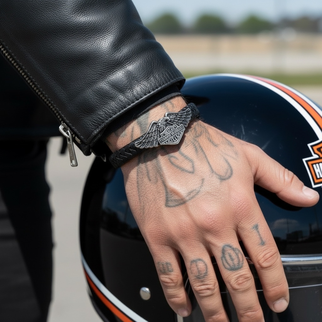 Pulsera de Piel y Acero Estilo Motero – Espíritu Rebelde con ADN Legendario