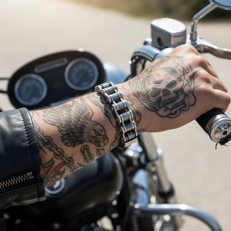 Pulsera de Piel y Acero Estilo Motero