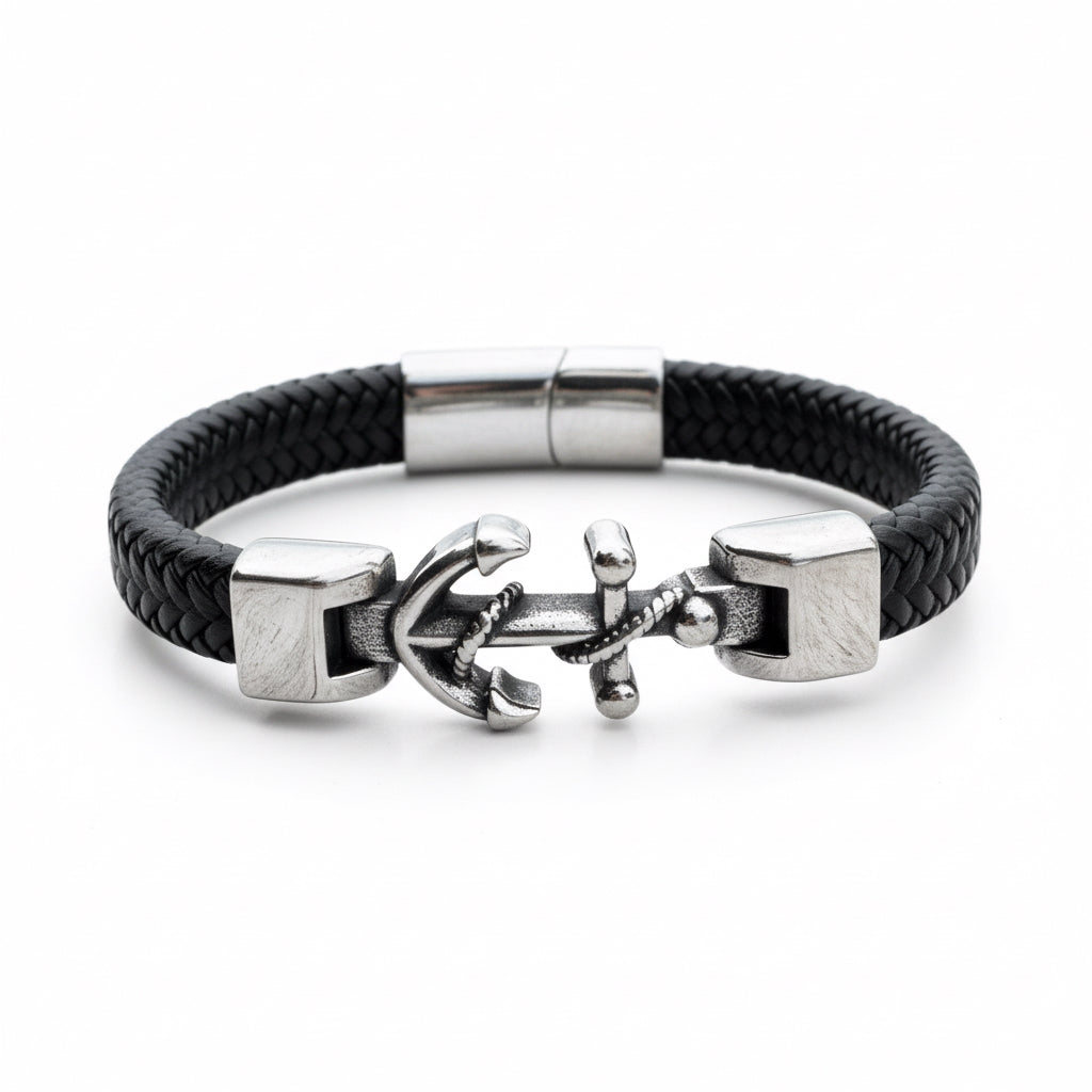 Pulsera de Piel y Acero con Ancla – Estilo Marino Elegante