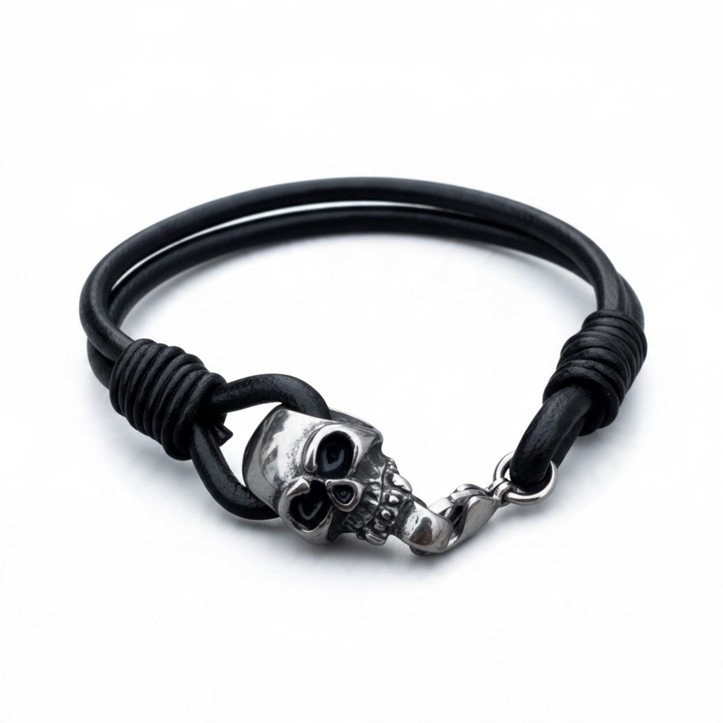Pulsera Vikinga de Piel Negra con Calavera Plateada | Estilo Nórdico