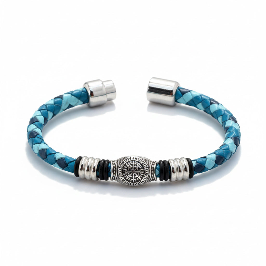 Pulsera Vikinga Azul – Símbolo de la Brújula Nórdica Vegvísir